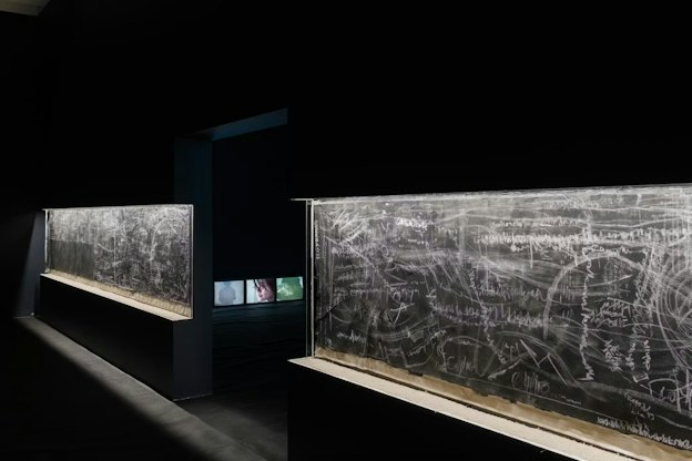 Installation by Pan Daijing. At the entrance to the exhibition space are seen two walls, each with a deep recess housing a black and white drawing. Each drawing is reminiscent of a busy chalkboard, with white writing, streaks, scribbles, and erasings seen atop a black background. Each drawing is also illuminated by a strip light at the top of the recess. Through the entrance between the two walls is visible a series of 3 televisions on the floor, each playing a different video piece by the artist. The first displays a silhouette drenched in a soft blue light. The second displays a close up of a persons face with their hair hanging over their eyes. The third displays a figure with their hands in front of their face drenched in soft green light. The entire exhibition space, with the exception of the artworks themselves, is pitch black.
