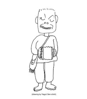 A monochromatic line drawing of a man playing a concertina. He carries a crossbody bag and wears a pair of tabi footwear. The text in parentheses at the bottom of the image reads, "(drawing by Yagyu Gen-ichiro)."