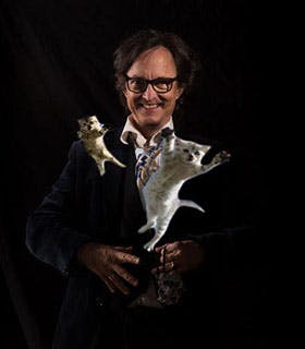 Asher Hartman grins at the camera as two kittens appear to leap from his body towards the foreground. He is wearing rectangular-framed glasses, a dark suit, and a patterned tie, and stands in front of a black background.