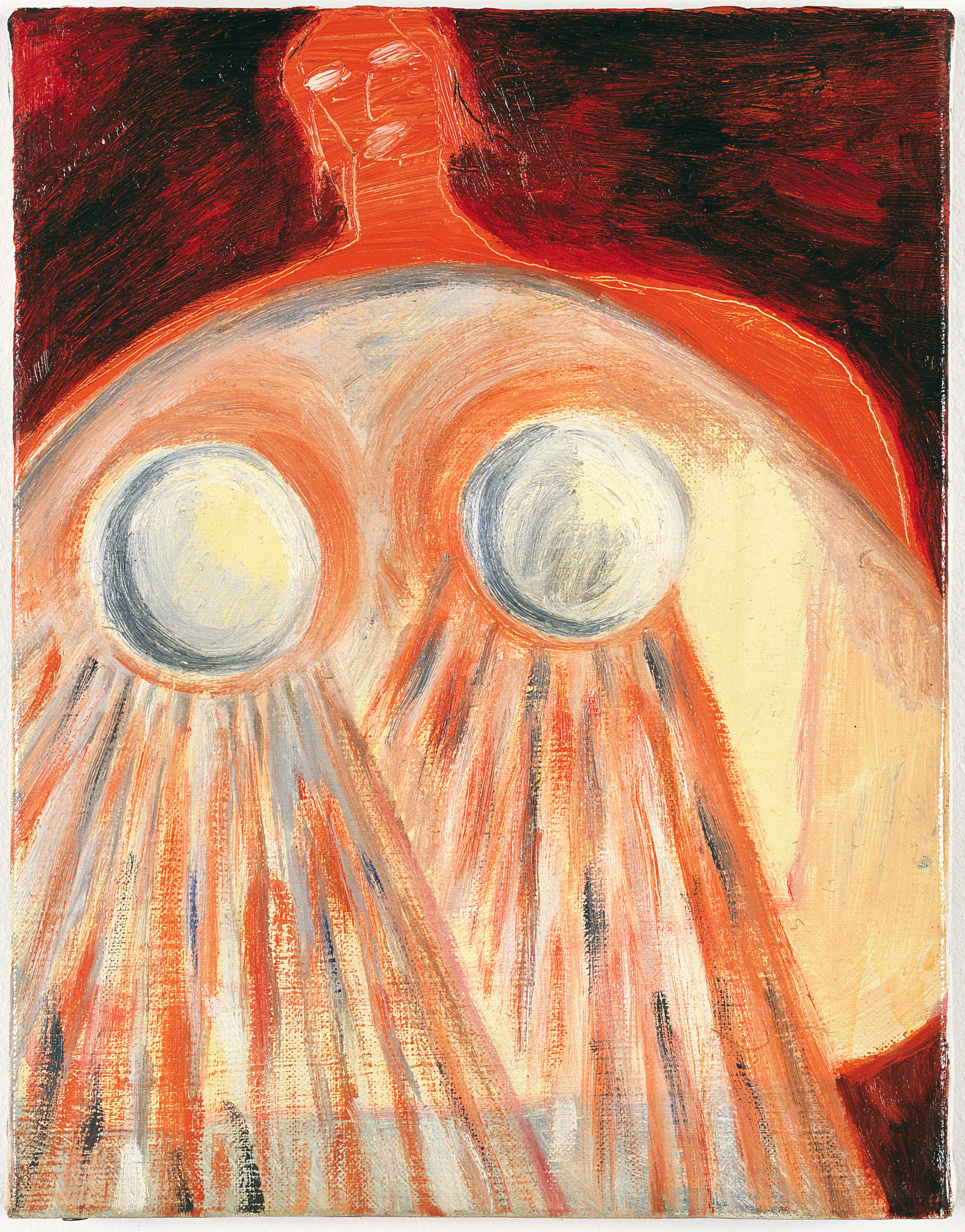 An oil painting of a red figure standing behind a large warm glowing form with round edges that takes up most of the frame. On the front of the round form are two circular shapes, from which streaks of orange and white extend downward. The background is black and red.