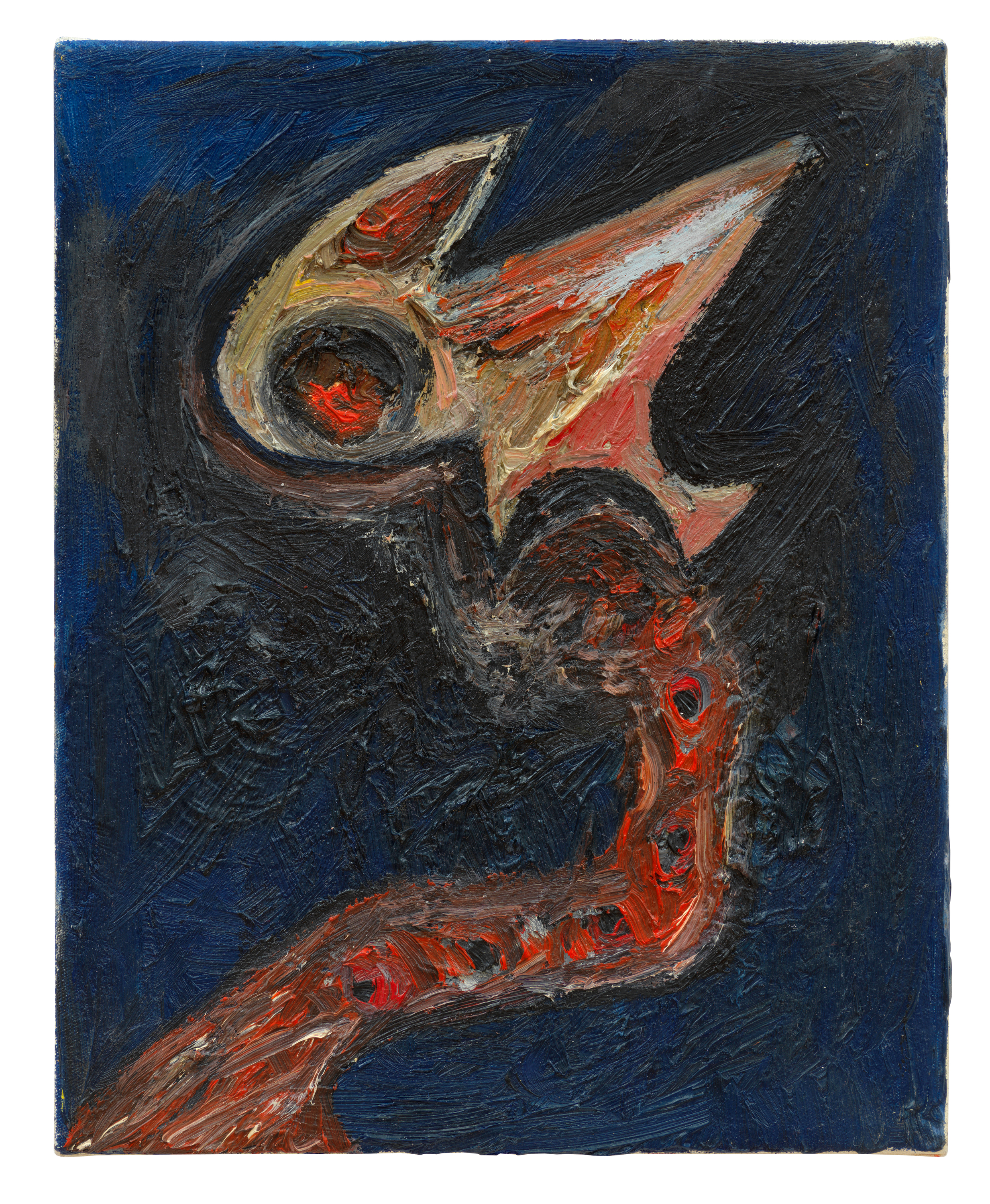 A textured oil painting with a dark blue and black background features an abstract, elongated form with red and orange highlights. The form has a pointed, angular top and extends downward into a twisting, segmented structure rendered in red and brown tones.
