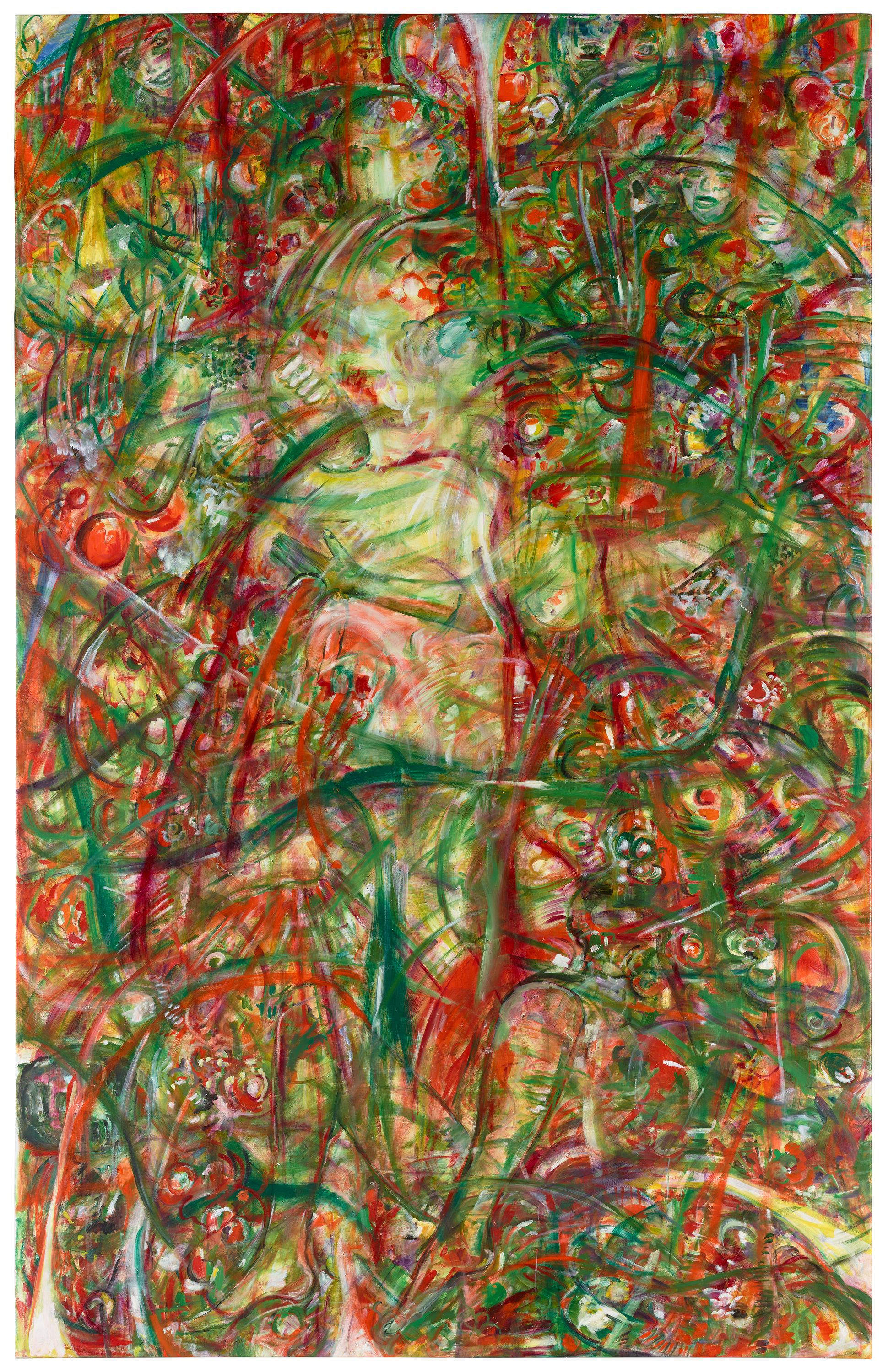 An oil painting with a dense composition filled with swirling red, green, and yellow brushstrokes. Amidst the layered forms, faint outlines of a figure appear interwoven with organic shapes and patterns.