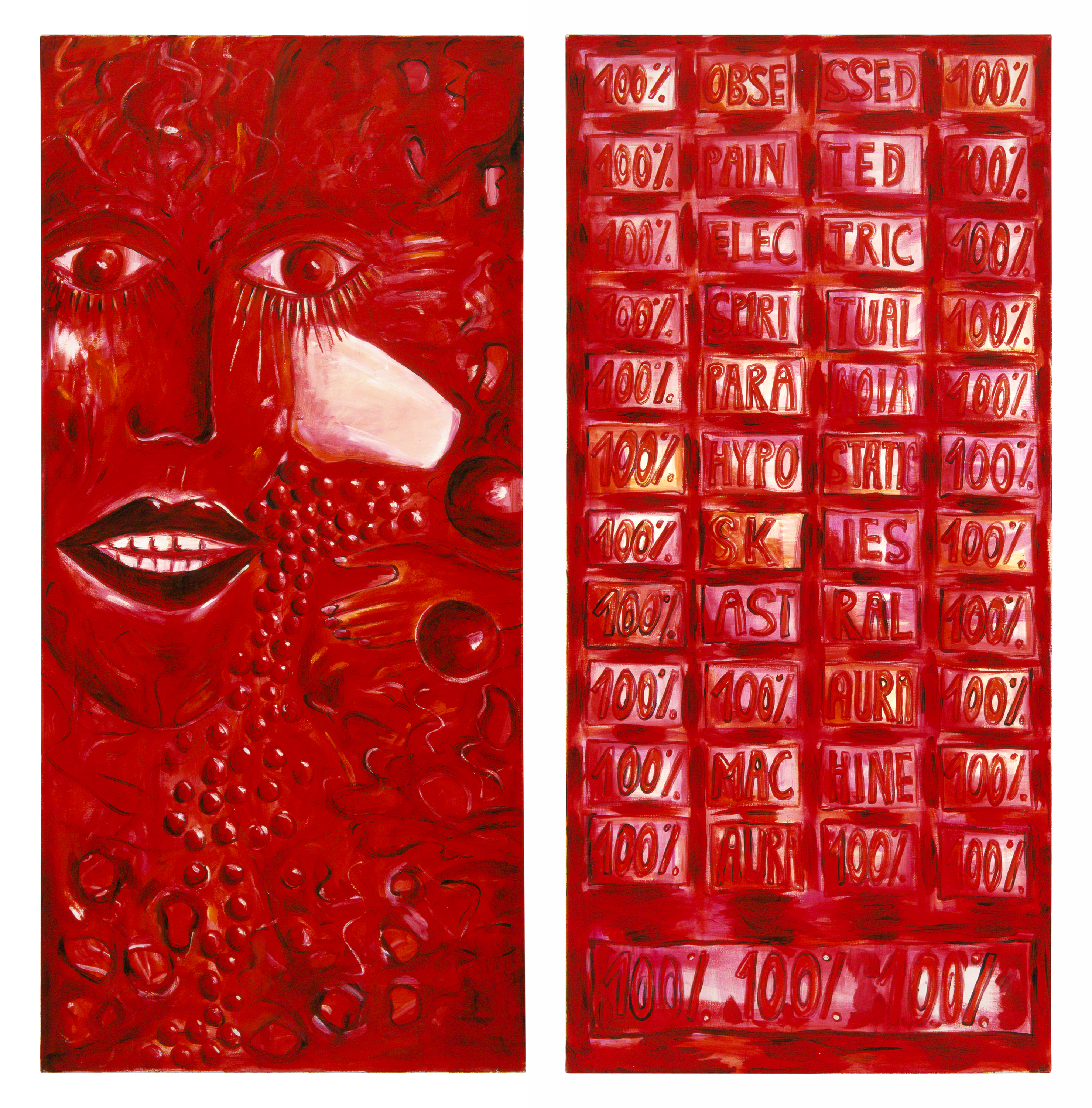 An oil painting diptych featuring two panels in a red-dominated palette. The left panel presents a face with wide eyes, an open mouth, and textured details resembling shiny beads and hands. The right panel contains a grid of red rectangles, each filled with text that spells out words horizontally, including “100% OBSESSED 100%,” “100% PAINTED 100%,” “100% ELECTRIC 100%,” and “100% SPIRITUAL 100%.”