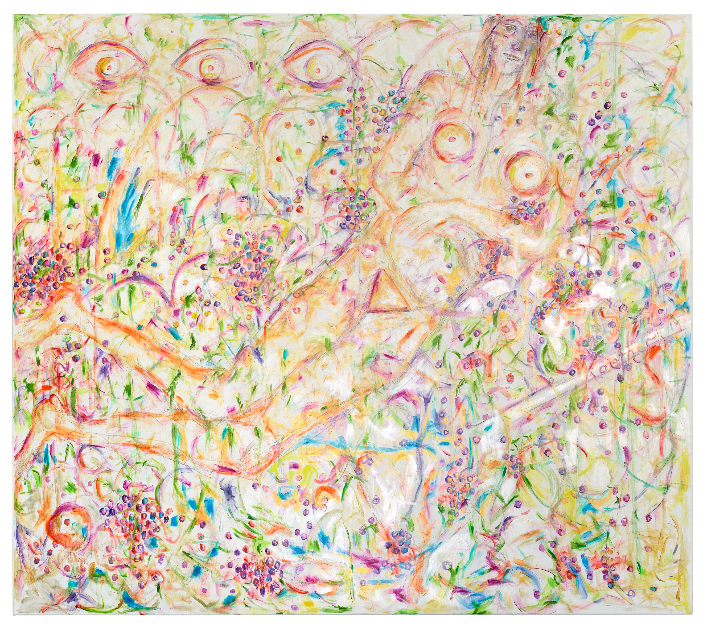 An acrylic painting filled with pastel tones of pink, yellow, green, and blue, featuring a reclining figure with outlined breasts and limbs. Surrounding the figure are swirling lines, clusters of small circular shapes, and multiple eye-like forms embedded in the composition.
