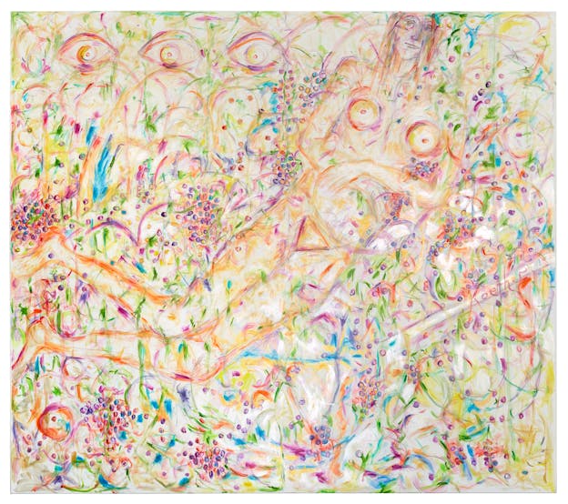 An acrylic painting filled with pastel tones of pink, yellow, green, and blue, featuring a reclining figure with outlined breasts and limbs. Surrounding the figure are swirling lines, clusters of small circular shapes, and multiple eye-like forms embedded in the composition.