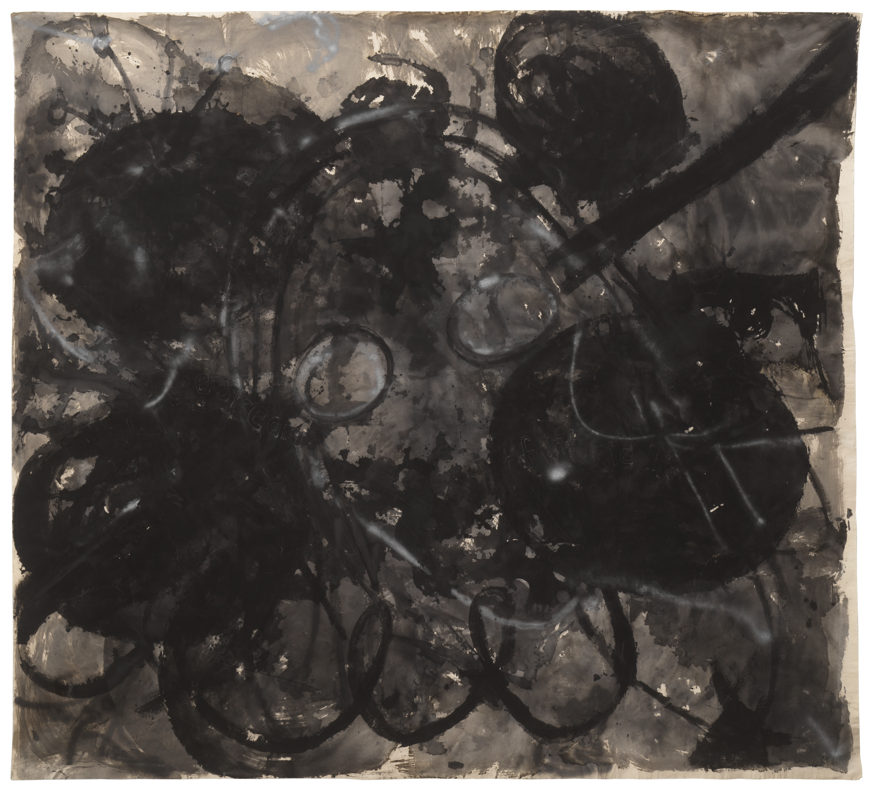 A black and white acrylic painting composed of fluid brushstrokes, spray-painted lines, and swirling circular forms. Several dark, spherical shapes are layered over gestural marks, with lighter metallic ink highlights scattered across the surface.