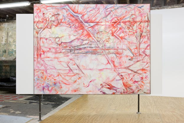 A large-scale acrylic painting with red, pink, and white lines that form a landscape-like composition. Thin, gestural marks outline trees and figures, while diagonal lines intersect the scene. The painting is freestanding, positioned atop two metal beams in an industrial gallery space.