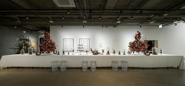 A gallery installation of a long table covered in a white tablecloth containing several spiky bronze-colored statues of creatures in varying sizes displayed on plates and in bell jars. Two larger statues with four tentacles and composed of a dense network of intricate pink, orange, gold, and bronze creatures sit at each end of the table. Detailed black and white drawings of similar creatures hang on the wall behind the table. To the left of the table is a tall spiked black sculpture with golden hues and horns.