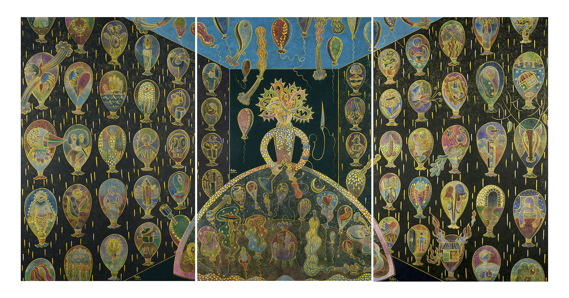 A vibrant watercolor and pencil triptych depicts a room filled with balloon-shaped patterns which contain fantastical creatures and microorganisms set against a dark background. In the center panel, a bird-like figure wearing a crown of vines stands atop a transparent dome filled with additional colorful microorganisms. The organisms throughout the work are highlighted in gold and appear in movement. 