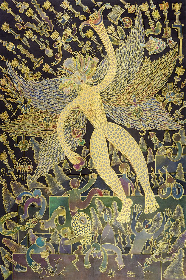 A drawing shows a golden, geometrically patterned angel raising one arm and flying over abstracted figures and both rounded and square shapes. Above the angel, a dense cluster of arrows, books, and bones rain down.