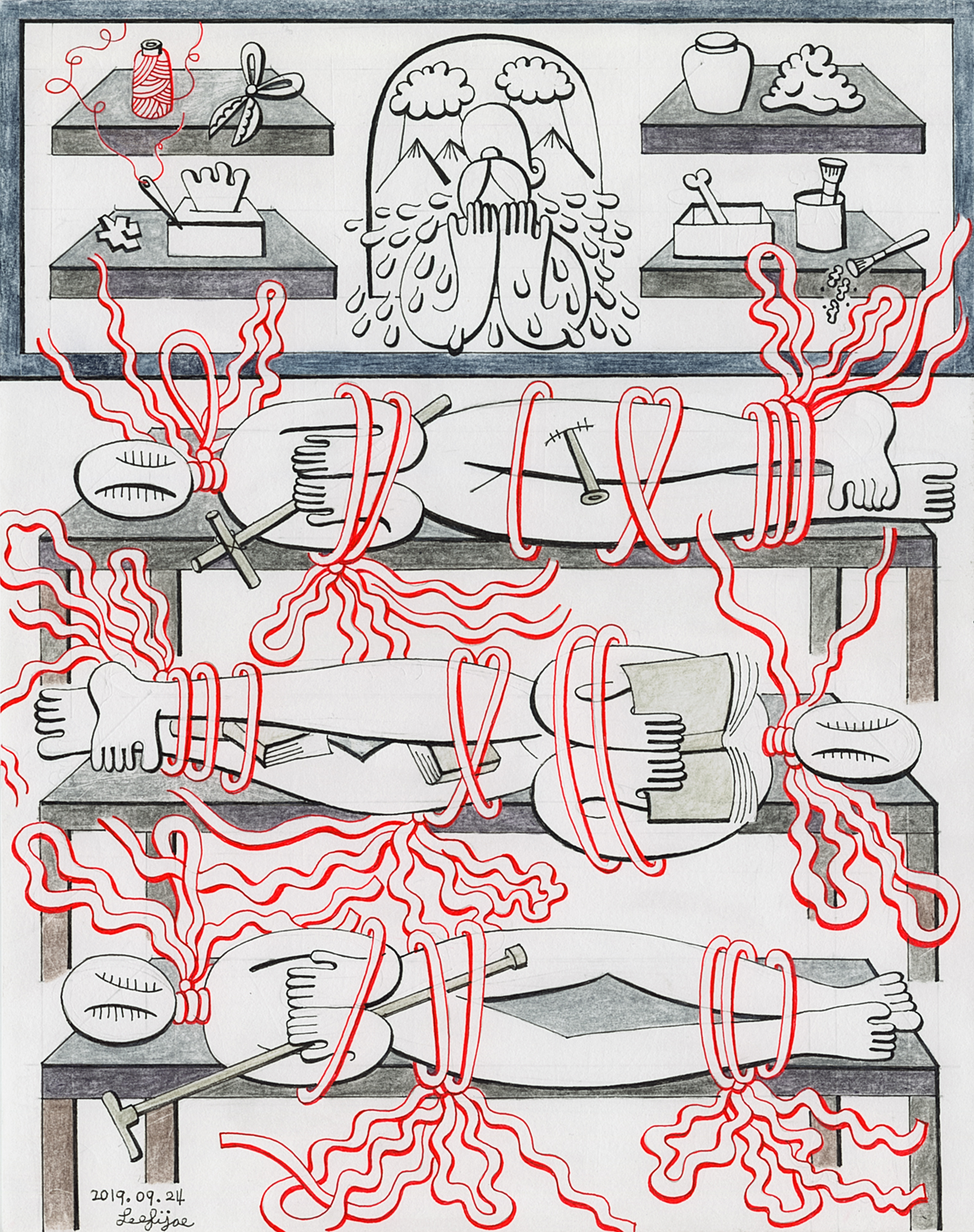 A black and white ink drawing shows three figures lying down on tables stacked on top of one other. The figures are bound around their necks, arms, knees, and ankles with red thread. A rectangle above the figures encases an abstracted man with a mustache that is flanked on either side by two shelves holding the spool of red thread, tools, and other miscellaneous objects. 