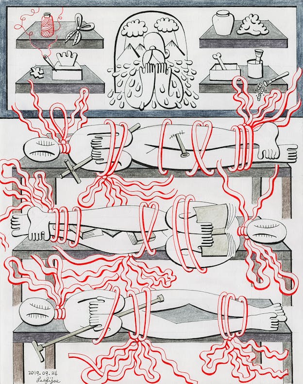 A black and white ink drawing shows three figures lying down on tables stacked on top of one other. The figures are bound around their necks, arms, knees, and ankles with red thread. A rectangle above the figures encases an abstracted man with a mustache that is flanked on either side by two shelves holding the spool of red thread, tools, and other miscellaneous objects.