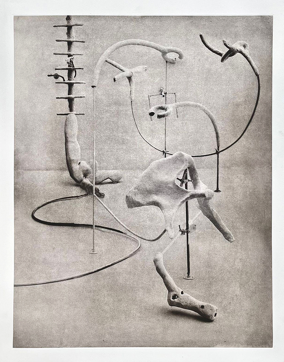 In a grainy, high contrast black and white photograph, found-object sculptures sit in a room overlapping and bisecting each other. The forms appear to be made from human bones and spines, cables, and pincers.