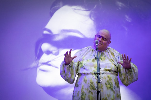 Dorian Wood stands at a microphone in front of a projected purple-and-white image of a person with a long lock of hair covering their eyes. She wears a green and white patterned long-sleeved dress and is illuminated by soft purple light. 