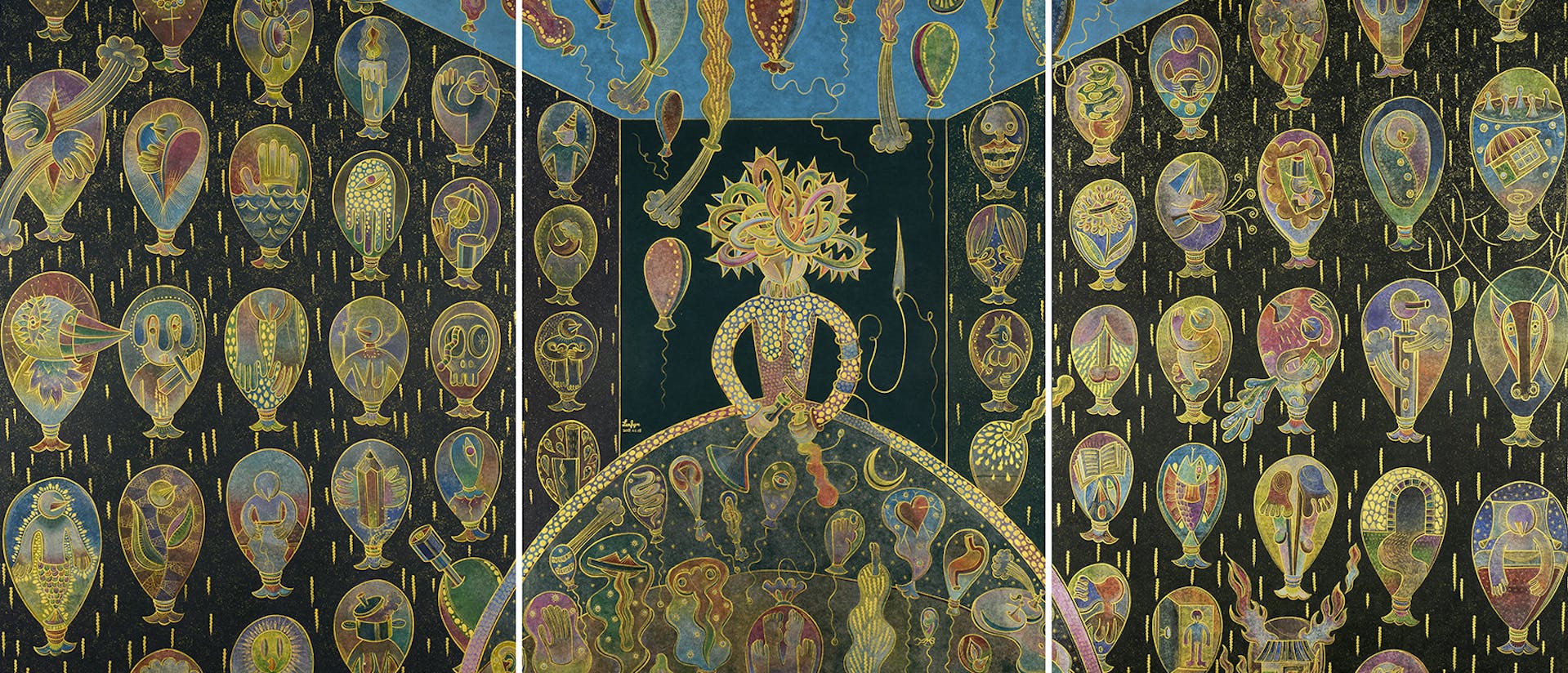 A vibrant watercolor and pencil triptych depicts a room filled with balloon-shaped patterns which contain fantastical creatures and microorganisms set against a dark background. In the center panel, a bird-like figure wearing a crown of vines stands atop a transparent dome filled with additional colorful microorganisms. The organisms throughout the work are highlighted in gold and appear in movement.