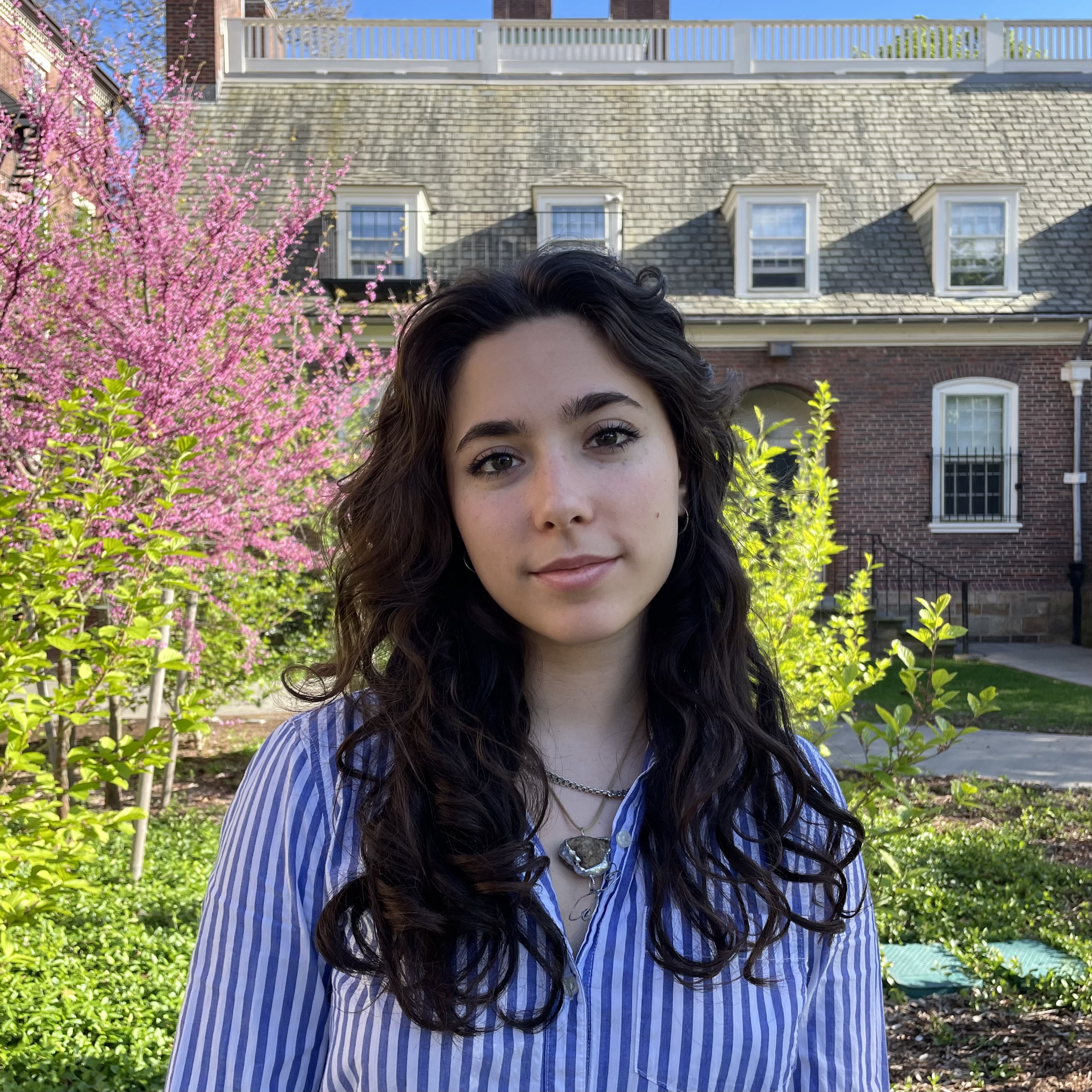 Portrait of Livia Weiner outdoors, looking at the camera, wearing a striped button-down shirt with long brown hair.