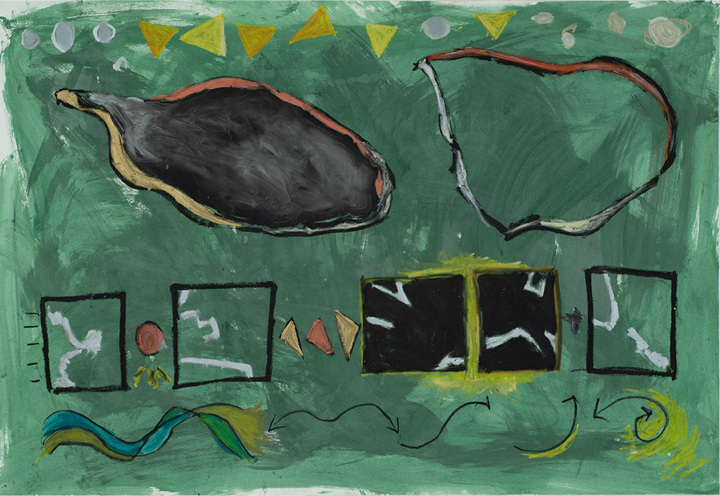 Painted on a green background, there are gray circles and yellow triangles at the top of the piece. At the bottom are organic lines in black, yellow, blue, and green. In the center are two large organic shapes with squares below it.