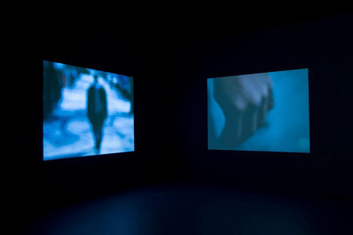 Two dusky blue hued images: one of a shadowy blurred figure walking down a street, and one of a close-up and out-of-focus closed fist.
