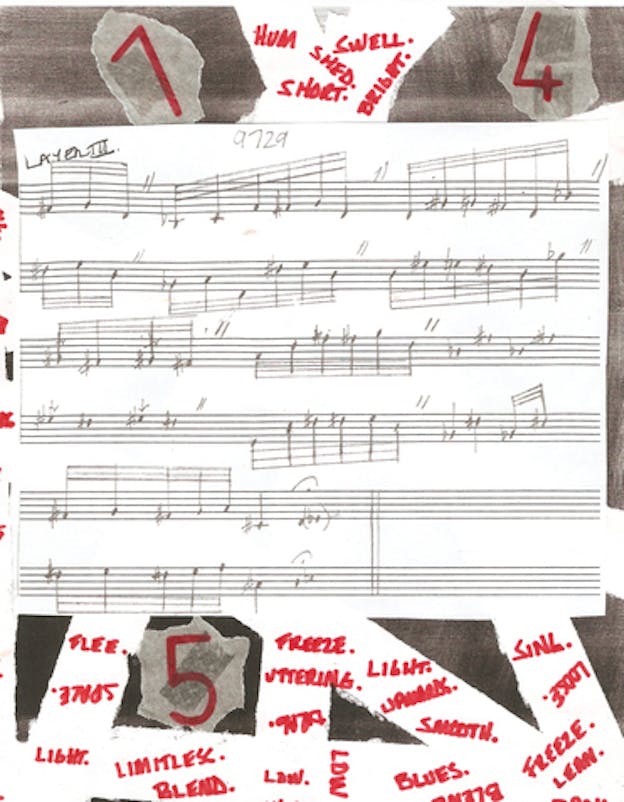 Musical score collaged with brownish-gray fragments, numbers written in red, and words written in red such as 