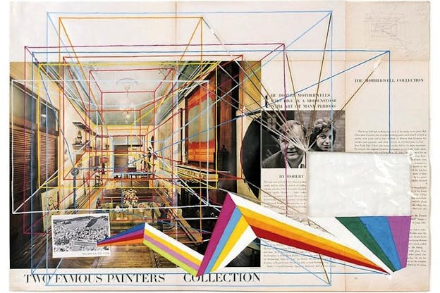 A magazine page of a photograph of the interior of a house on the left and text on the right. Rainbow colored outlines of differently sized squares are overlayed on top. A small rectangle is cut out of the text and a multicolored angled line emanates from the bottom of the rectangle and leads to a small black and white image of a house beside a mountain.
