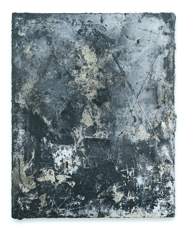 A linen canvas covered with layers of drips, scratches, and splatterings of blue, gray, and white paint. Ridges in the shape of diamonds are visible under the paint.