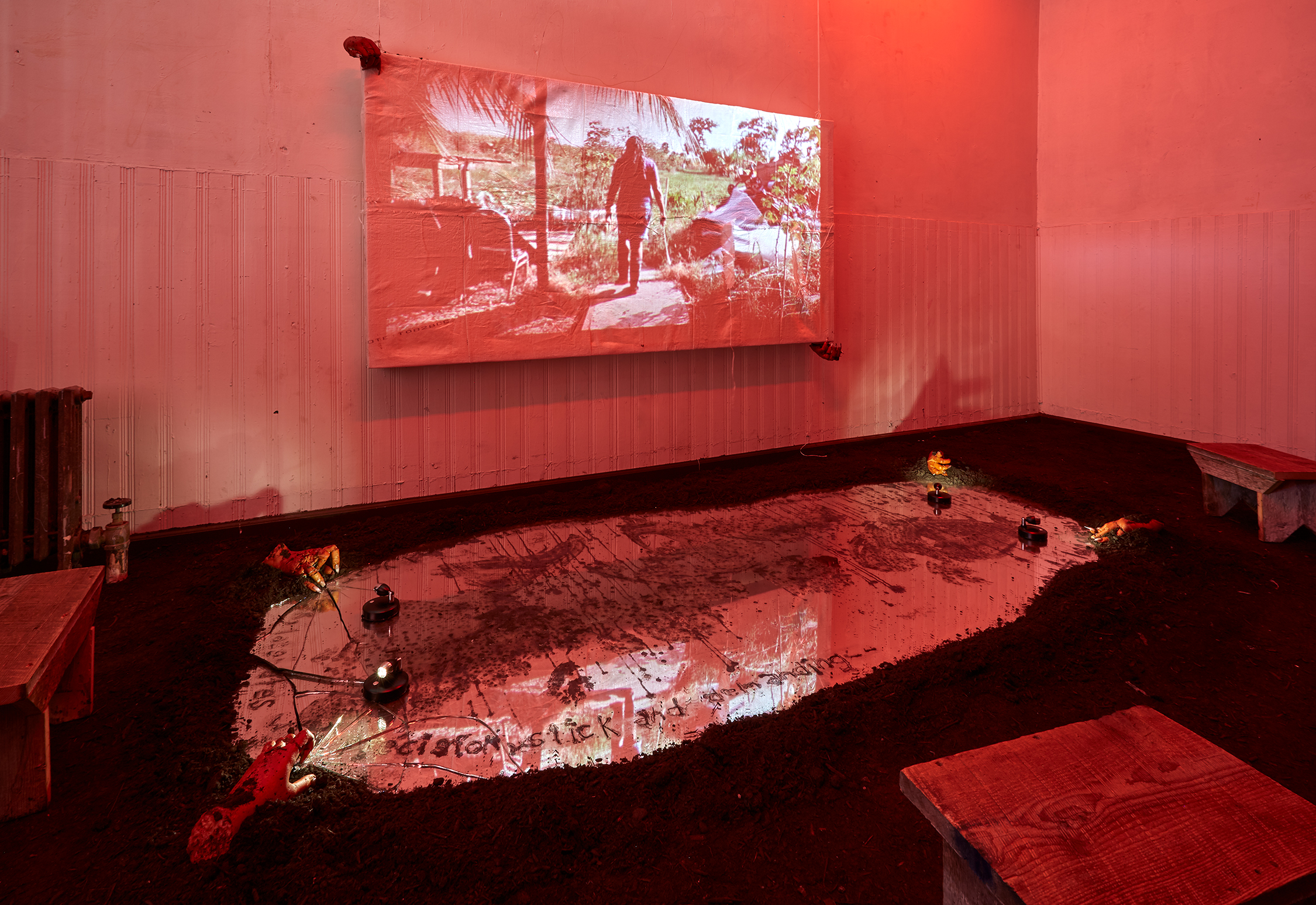 Installation view of ca(r)milla in a red-lit gallery room. There is a horizontal screen against the wall, projecting a video of a person walking outdoors in what appears to be a garden in Trinidad and Tobago. The top left corner and bottom right corner of the screen are decorated with fake hands. On the ground there is a pool made out of a mirror, bordered by soil. Part of the projection reflects from the wall and onto the pool, which has blobs of fake blood spread throughout, as well as writing in fake blood. Four small lights are at the corners of the pool. The corners each have a fake hand in the soil that is just touching the ‘water’ with its fingers. The left side of the pool is shattered by the two hands. Three wooden benches are spread along the walls. There is an old wall heater in the very left of the room.