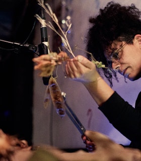 Maayan Tsadka mid-performance. She is wearing a black sweater, glasses, and her  hair pulled up. In one hand, Tsadka is holding a couple of dried plants close to a  microphone on a mic stand. The mic is pointing downwards and is very close to one of  the dried plants. In the other hand, she is holding a tuning fork close. Tsadka is looking  intensely at the close mic’d plant and in the foreground of the photo blurred leaves are  visible. The background, also blurry, is softly lit by a purple light.