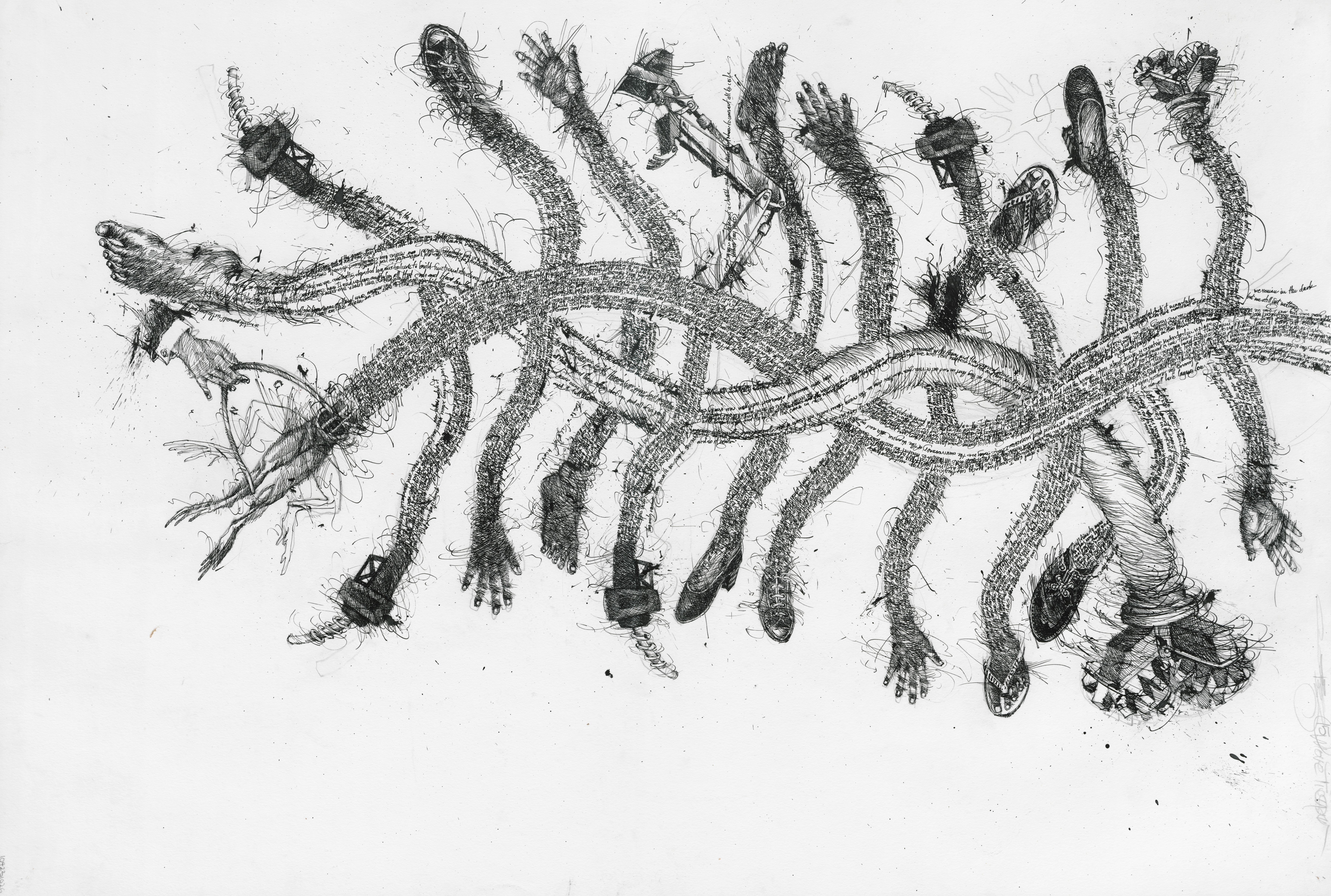 “dem things does bite too?” by Christopher Cozier is a black-ink drawing on white paper. Two snake-like forms are interlaced horizontally, with an additional ten similar forms interlacing the two vertically. Hands, shoes, bear feet, and objects that resemble machinery replace the heads and tails of the snakes. All of the bodies of the forms consist of very fine handwriting.
