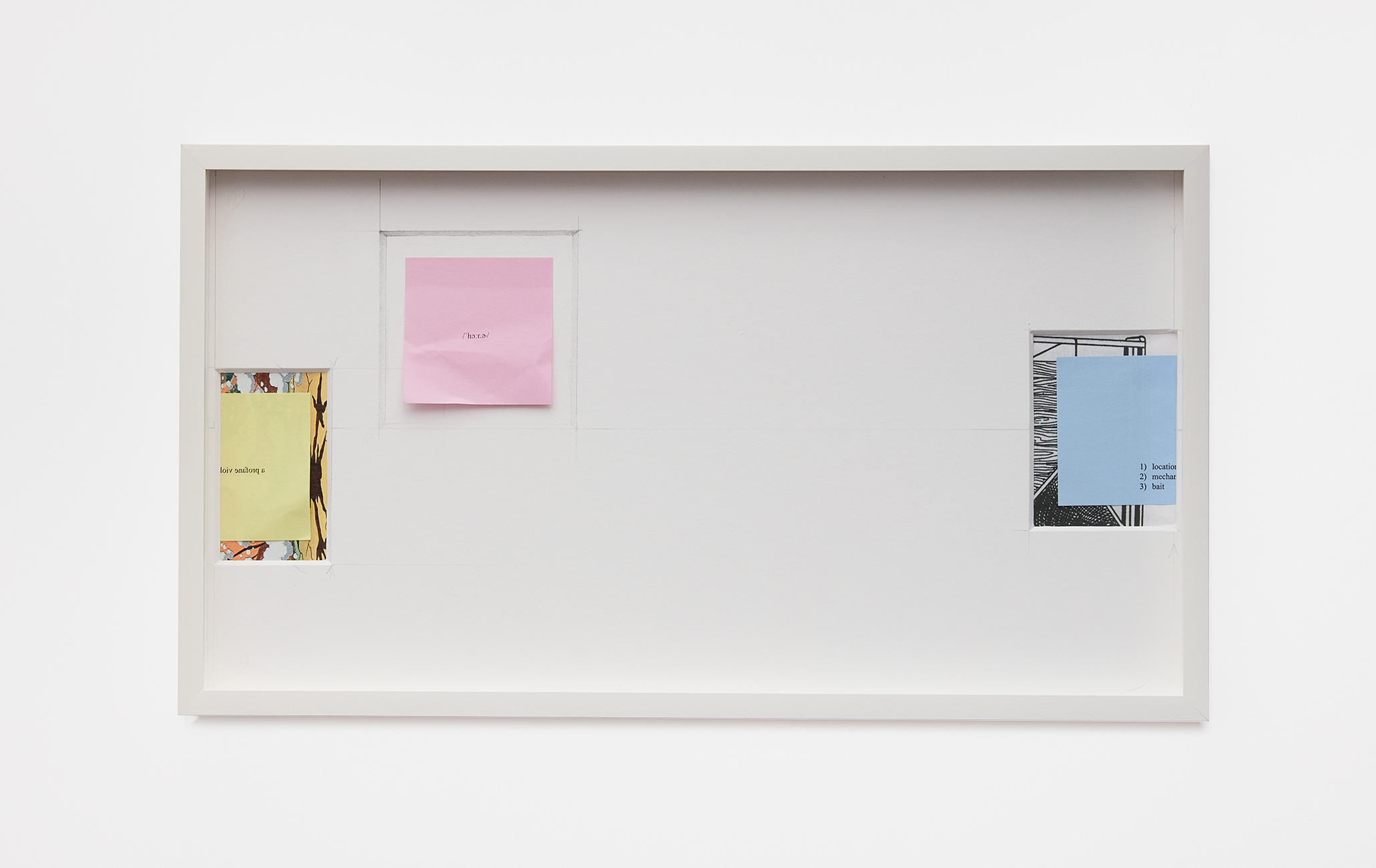 Three squares of paper that resemble post-its, individually bordered by varying  prints on a larger white paper with a white frame. From left to right, in the very  center-left of the white frame is a yellow square with about a third of it cut off.  In the middle of the square is reverse text. In the top center left there is a pink  square, which also has reverse text in the middle. Finally, the third square, this  time in blue, is in the very center-right of the white frame. About a fourth of it is  cut off by the frame. No longer in reverse print, there are three lines of text  “1) location,” with the n cut off, “2) mechan,” with the n cut off, and “3) bait”.