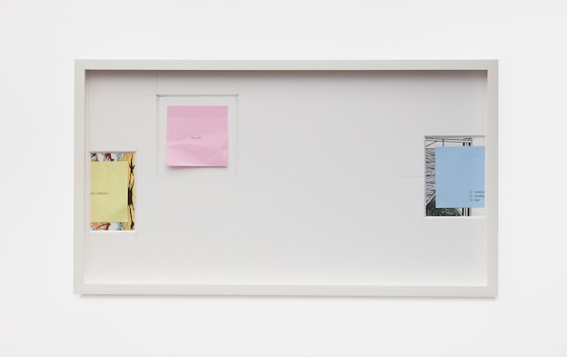 Three squares of paper that resemble post-its, individually bordered by varying  prints on a larger white paper with a white frame. From left to right, in the very  center-left of the white frame is a yellow square with about a third of it cut off.  In the middle of the square is reverse text. In the top center left there is a pink  square, which also has reverse text in the middle. Finally, the third square, this  time in blue, is in the very center-right of the white frame. About a fourth of it is  cut off by the frame. No longer in reverse print, there are three lines of text  “1) location,” with the n cut off, “2) mechan,” with the n cut off, and “3) bait”.