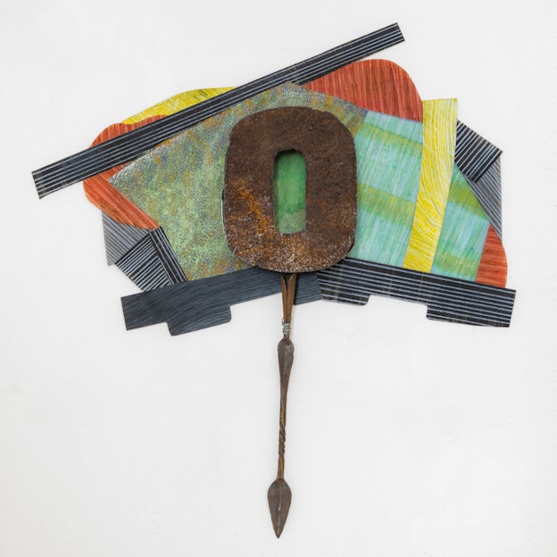 Abstract collage of organic shapes and rectangles on Mylar against a white background. The shapes are painted with varying patterns and textures in blue, yellow, green, orange, red, black, white, gray, and brown. In the center of the collage, there is a shape that resembles a volumetric “O” painted with a brown and orange texture, which brings it to resemble rust. Directly under this shape is another one that looks like an arrow, also painted to resemble rust. 