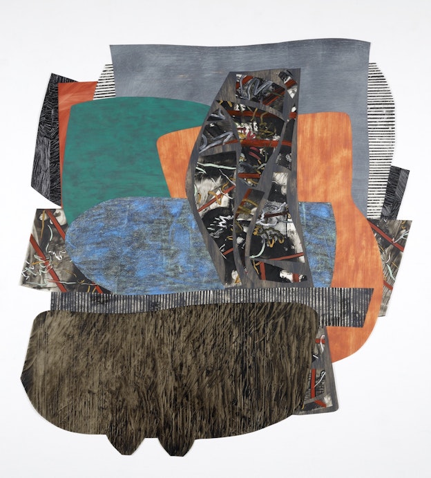 Abstract collage of organic shapes and rectangles on mylar against a white background. The shapes are painted with varying patterns and textures in blue, yellow, green, orange, red, black, white, gray, and brown. In the center of the collage, there is a shape that resembles a volumetric “O” painted with a brown and orange texture, which brings it to resemble rust. Directly under this shape is another one that looks like an arrow, also painted to resemble rust. 