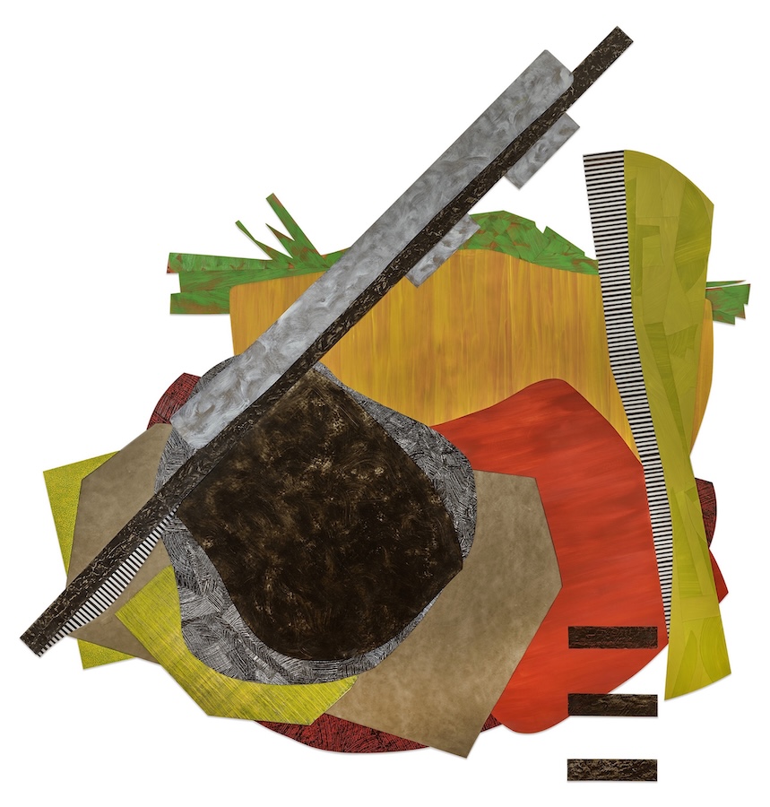 Abstract collage of organic shapes on Mylar against a white background. The shapes are painted with varying patterns and textures in reds, grays, greens, browns, beige, and white. Three horizontal rectangles almost in the shape of an “E” begin from the bottom right corner of the collage to the bottom right corner of the white background, breaking the continuity of the organic shapes that are on top of one another, yet still sustaining it through the use of a similar brown texture.