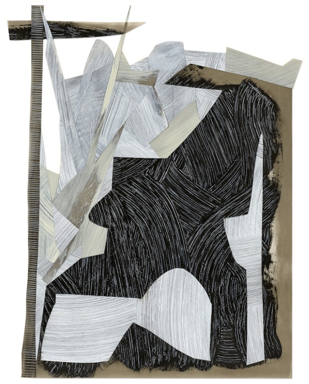 Abstract collage of organic shapes and rectangles on mylar against a white background. The shapes are painted with varying patterns and textures in blue, yellow, green, orange, red, black, white, gray, and brown. In the center of the collage, there is a shape that resembles a volumetric “O” painted with a brown and orange texture, which brings it to resemble rust. Directly under this shape is another one that looks like an arrow, also painted to resemble rust. 