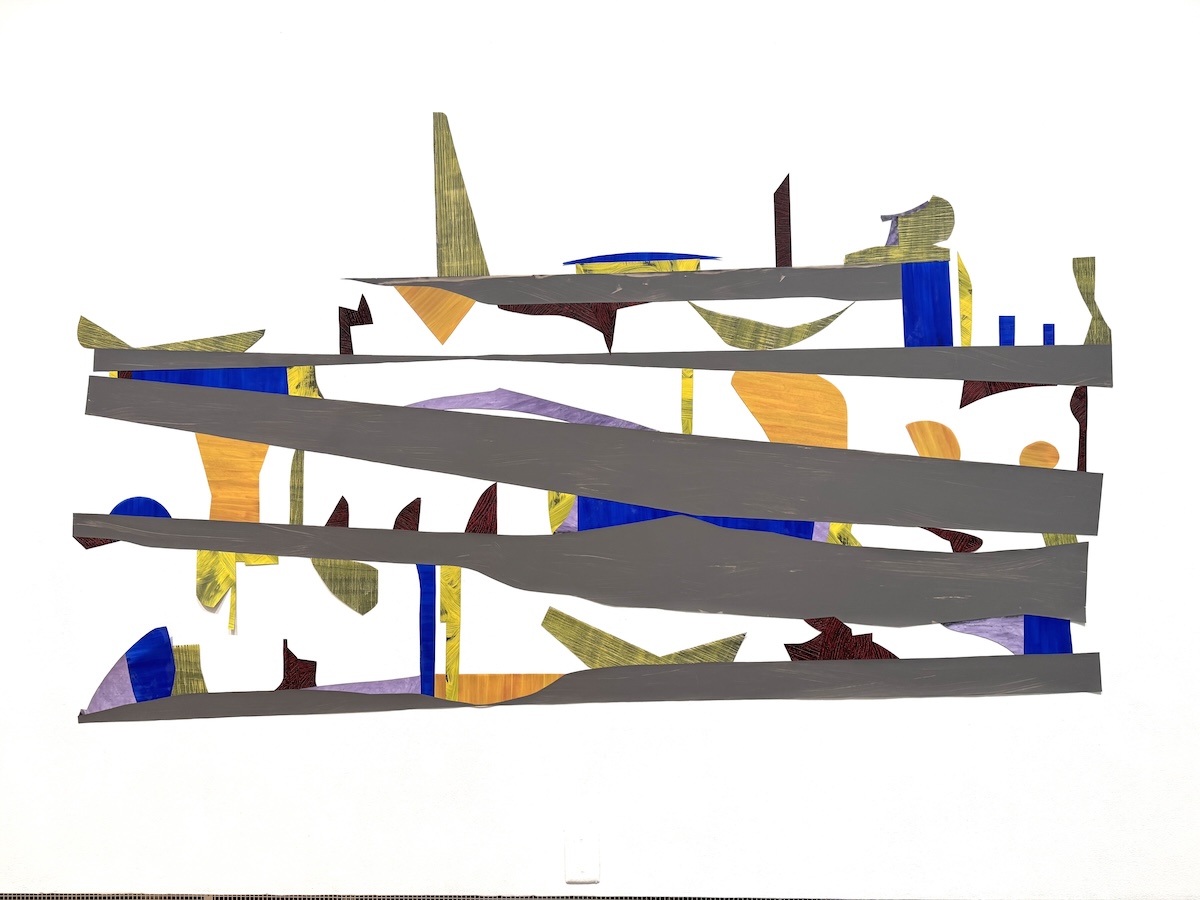 Abstract collage of organic shapes and rectangles painted in varying patterns and textures against a white background. Long gray shapes build a horizontal foundation, which is decorated with an assortment of smaller blue, purple, yellow with gray, orange, and brown shapes. 