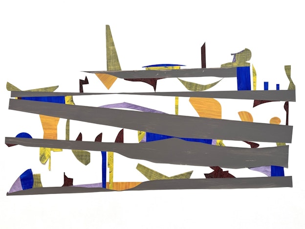 Abstract collage of organic shapes and rectangles painted in varying patterns and textures against a white background. Long gray shapes build a horizontal foundation, which is decorated with an assortment of smaller blue, purple, yellow with gray, orange, and brown shapes. 