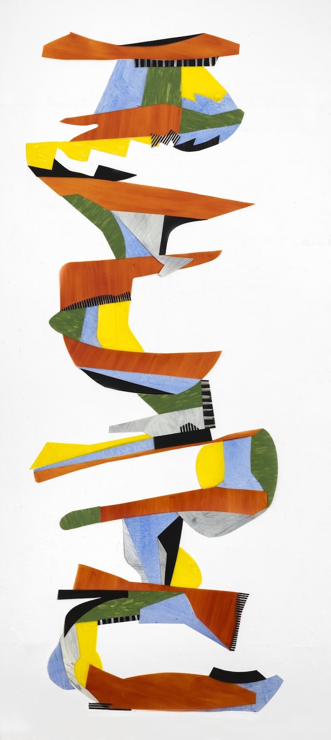 Abstract collage of organic shapes and rectangles on mylar against a white background. The shapes are painted with varying patterns and textures in blue, yellow, green, orange, red, black, white, gray, and brown. In the center of the collage, there is a shape that resembles a volumetric “O” painted with a brown and orange texture, which brings it to resemble rust. Directly under this shape is another one that looks like an arrow, also painted to resemble rust.