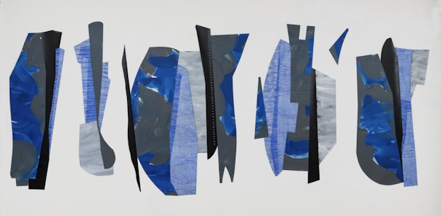 Abstract collage of five large organic shapes made up of smaller ones, in addition to small triangle-like shape against a white background. All six pieces in the assemblage make use of the same colors, patterns and textures throughout, however, the individual pieces look different in their composition. The colors used include dark blue, baby blue, charcoal, light gray, and black.
