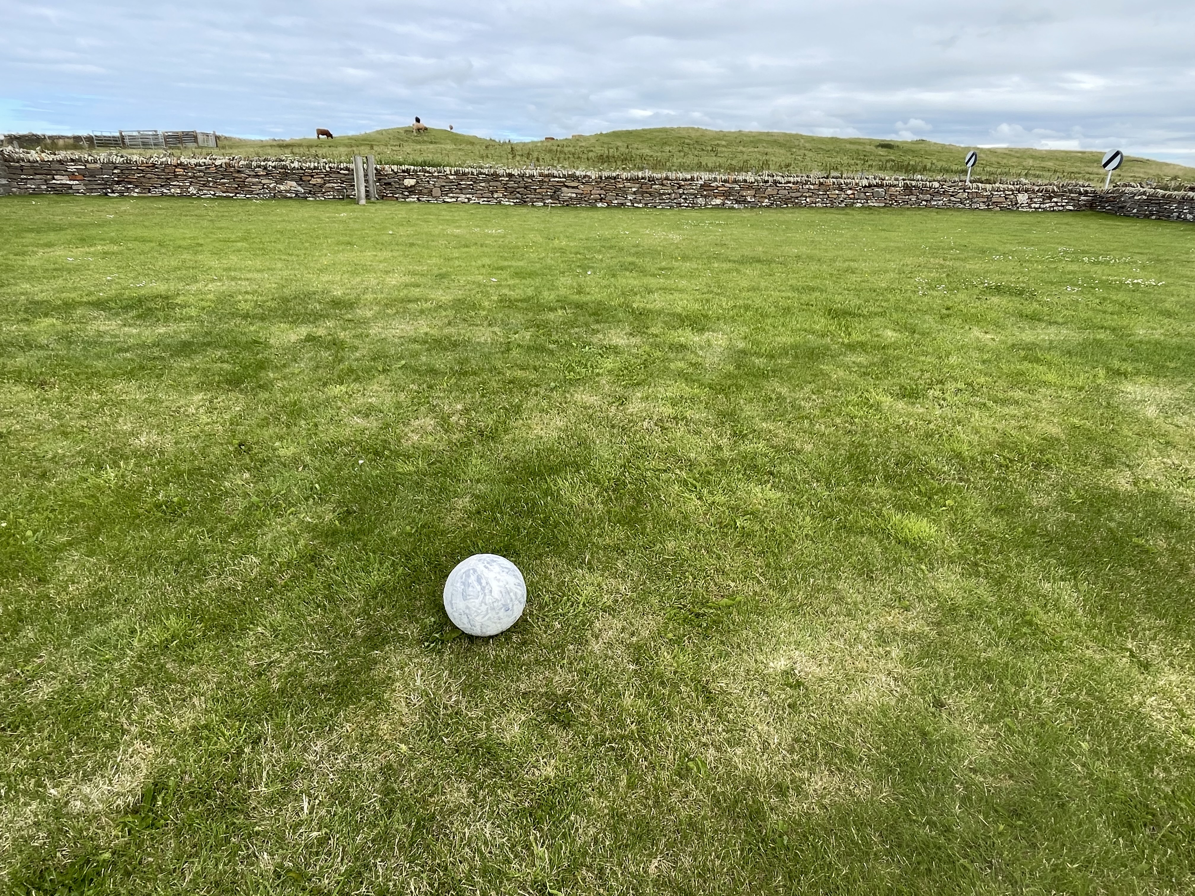 “Orkney Moon,” a print of the moon, is installed on a flat grassy field during a partly cloudy  day. The moon itself is very small compared to the field. In the distance, a horizontal stone  wall borders the flat field from hills, which have cattle grazing throughout. There is also a  pen for the cattle in the background.