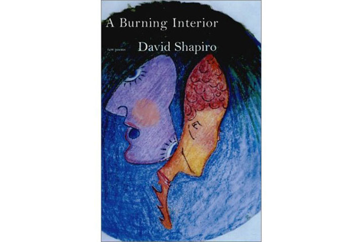 A book cover with an ombre blue background. The top starts darker ending with a lighter blue, compromised by two abstract faces. The face on the left is purple with one of its eyes situated on the jaw at the same side with the other eye. The face on the right is orange and only shows the side profile of the figure.