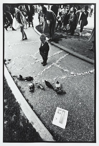Al Hansens’s “Pigeons Eating Art,” 4th Annual New York Avant Garde Festival, Central Park, NYC, Sept. 9, 1966, Peter Moore, 1966