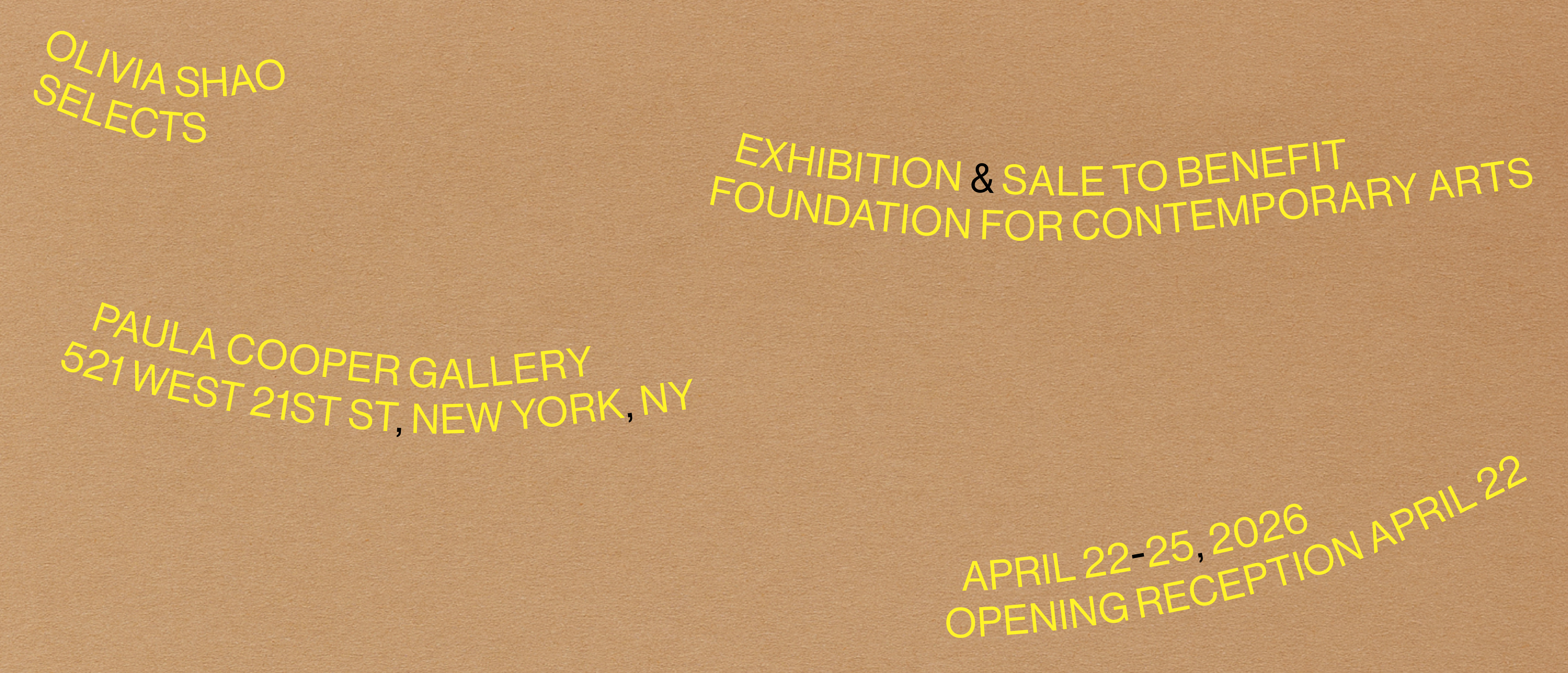 Banner image for FCA's eighteenth benefit exhibition. The banner has a brown background, textured like chip board, with yellow and black text. The text swoops across the banner as if it's being blown by the wind. It reads 