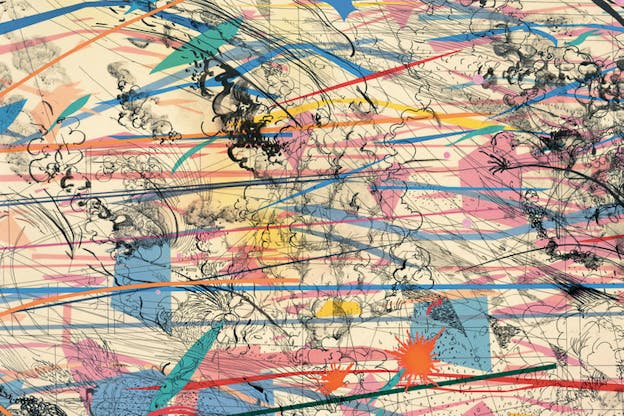 A close up image of a variety of differently colored geometric shapes on top of a tan background with thin black lines and drawings of smoke in thin black on it.