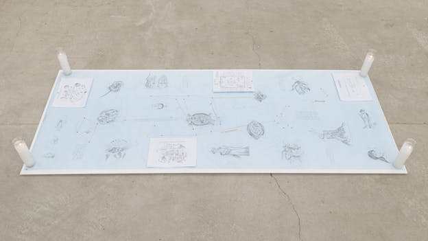 A long sheet of light blue graph paper lying on a concrete floor covered with penciled sketches and illegible writing and held down with white votive candles in each corner.
