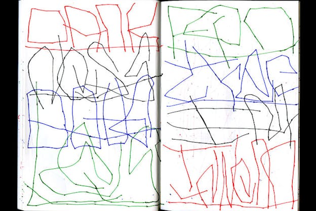 Red, black, green, and blue thin, scratch-like drawings mark illegible words across two horizontal white journal sheets. One hardly legible word appears to be 
