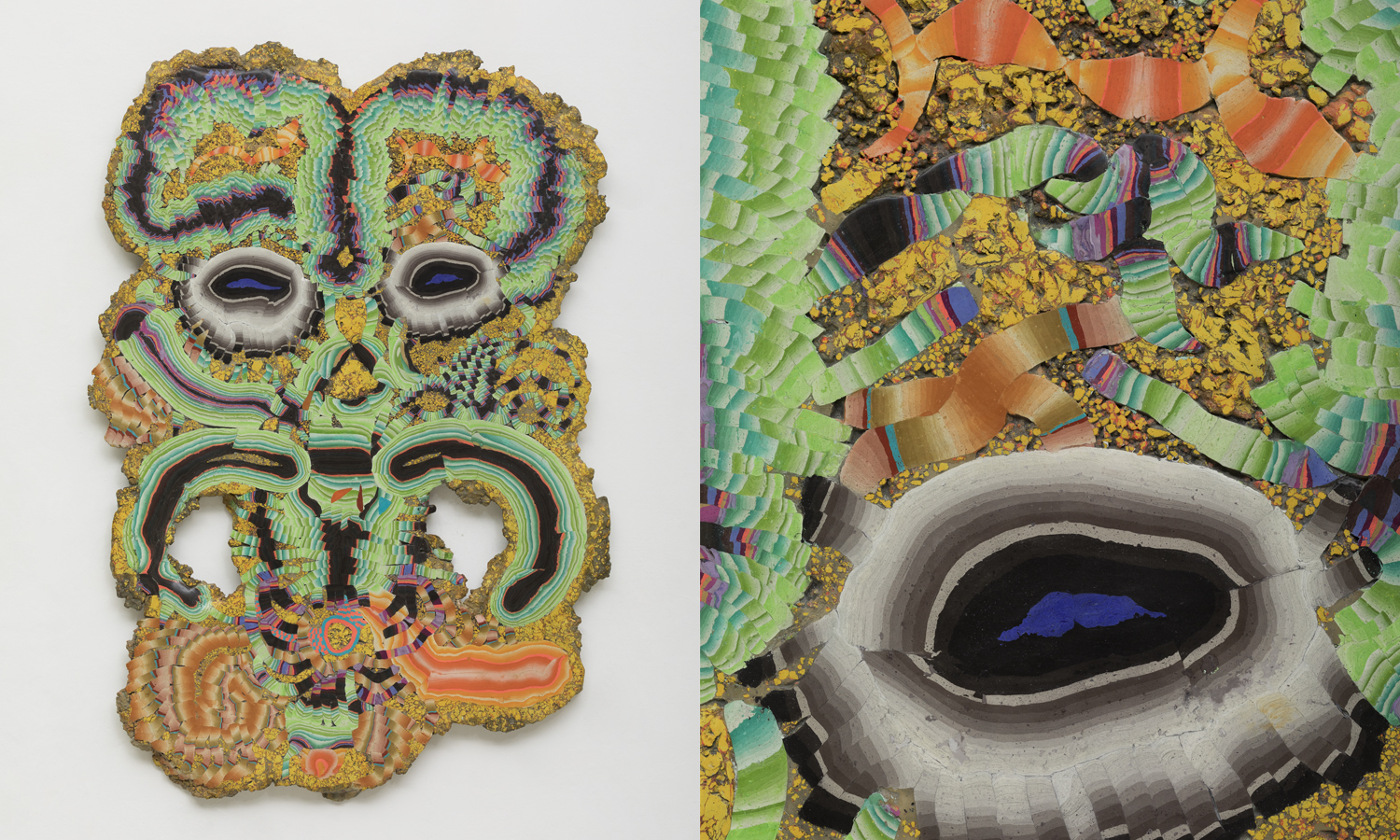 Two abstract glass canvases stand next to each other. The one on the left is a mixture of waves of brown, red and purple colors with two blue gemstones sitting as eyes and a third one as a mouth. The right one with a background of black and yellow consists of various gemoetrically cut glasses forming eyes. a mouth and hands.