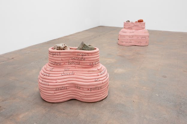 Two coiled pink ceramic vessels, one in the foreground and one in the background, filled with various stones. Words like “organ,” “sensate, “scales, “pollen,” and “ochre” are painted onto the vessels.