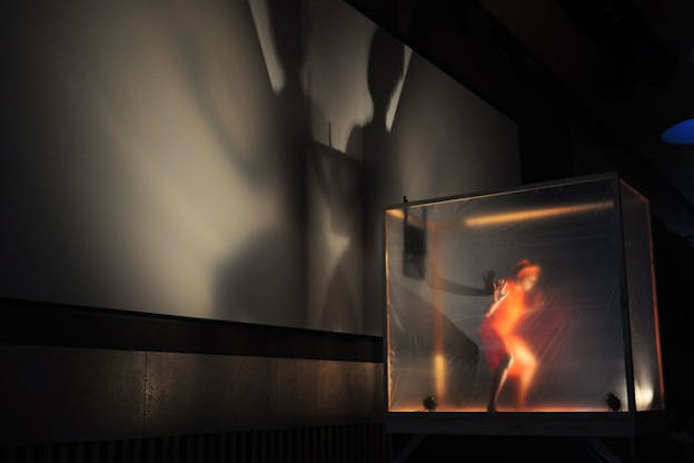 In the right of the frame, a performer in a bright orange dress pushes against the walls of a translucent box in which they are enclosed. Behind them, their shadow is reflected on the dimly-lit walls.
