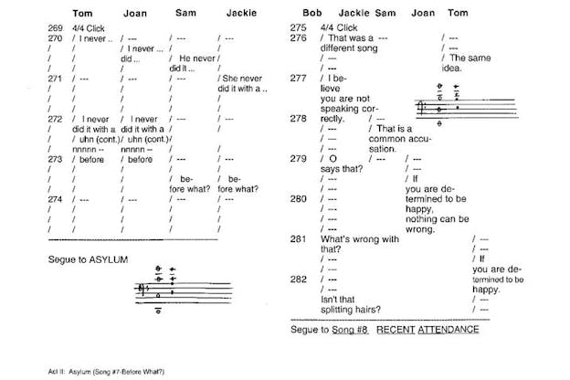 A musical score with names of people across the top and lyrics and musical notes arranged beneath them.