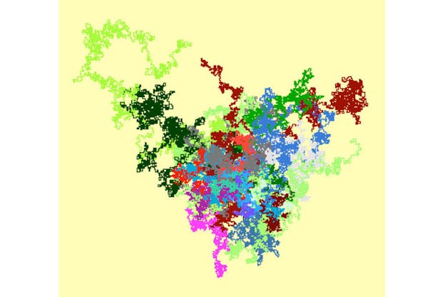 Squiggly lines in green, red, blue, and purple overlap to form an abstract triangular shape against a light yellow background.